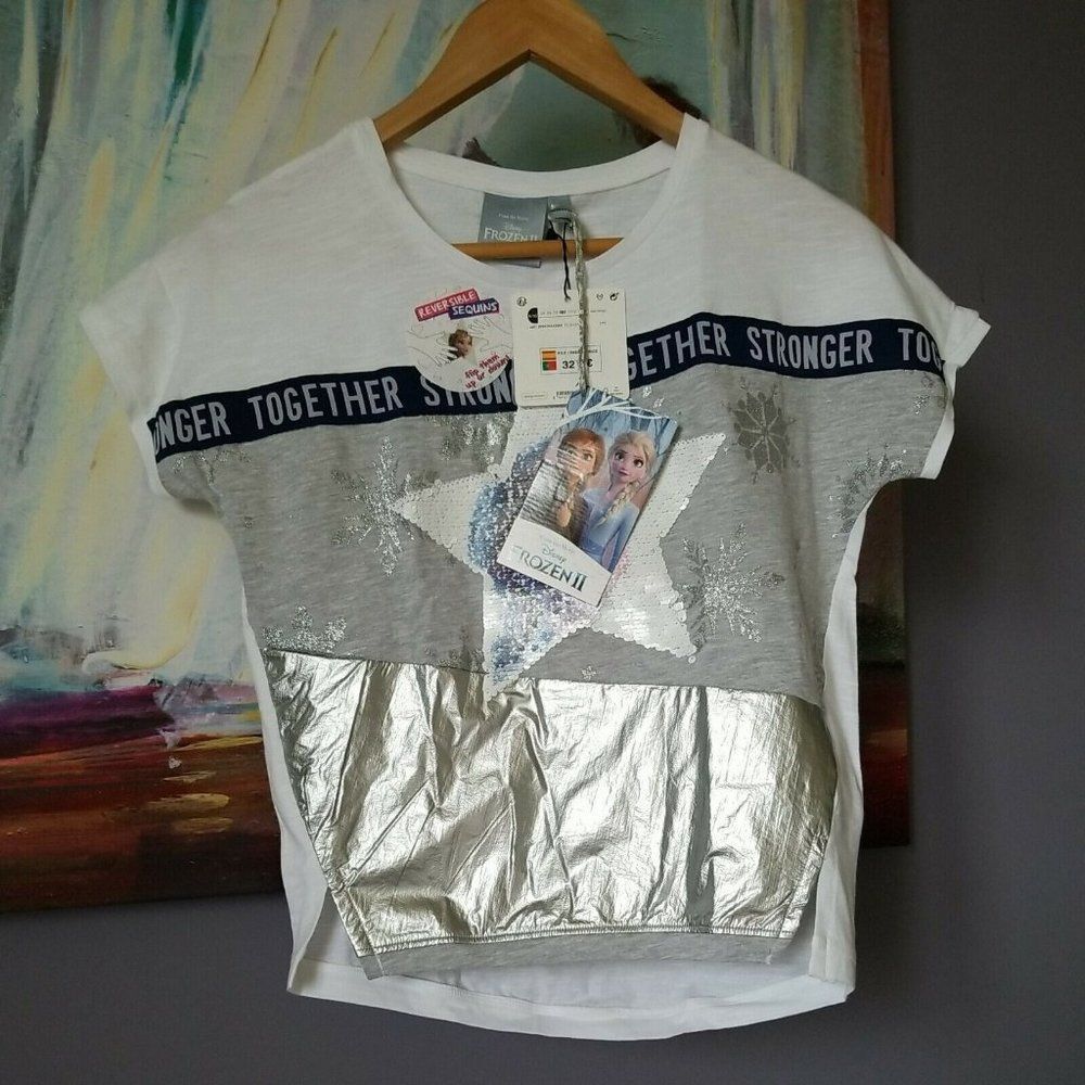 Desigual Kids Disney Frozen II Together Stronger Girls Tshirt Sequin Sz 9/10